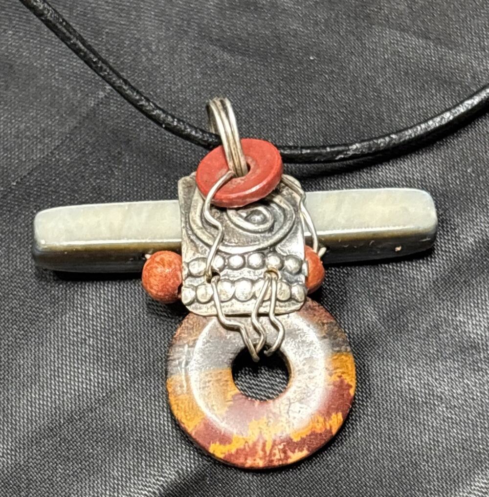 Artisan Sterling Silver Coral & Mother Of Peal Pendant Necklace Leather Cord